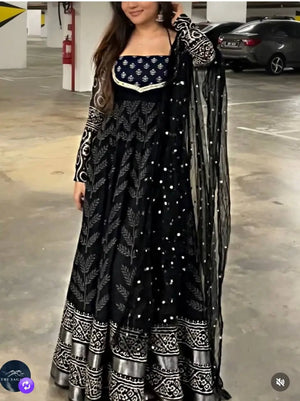 Printed Cinon Silk Gown Set with Pant and Dupatta