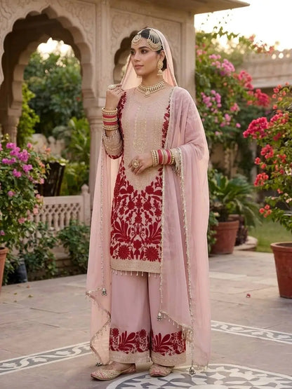 Blush Pink Chain Stitch Kurta Palazzo Set