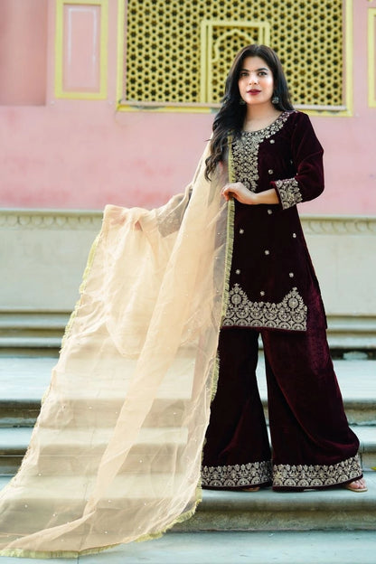 maroon-velvet-palazzo-suit-set