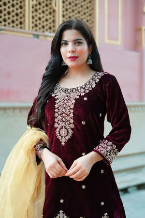 maroon-velvet-palazzo-suit-set