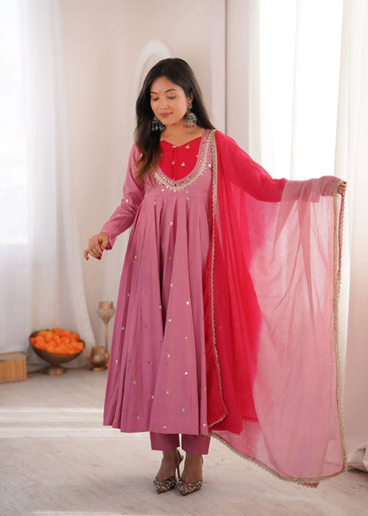 Roman Silk Anarkali Set with Mirror Work
