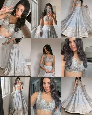 Embroidered Satin Silk Lehenga Set With Net Dupatta