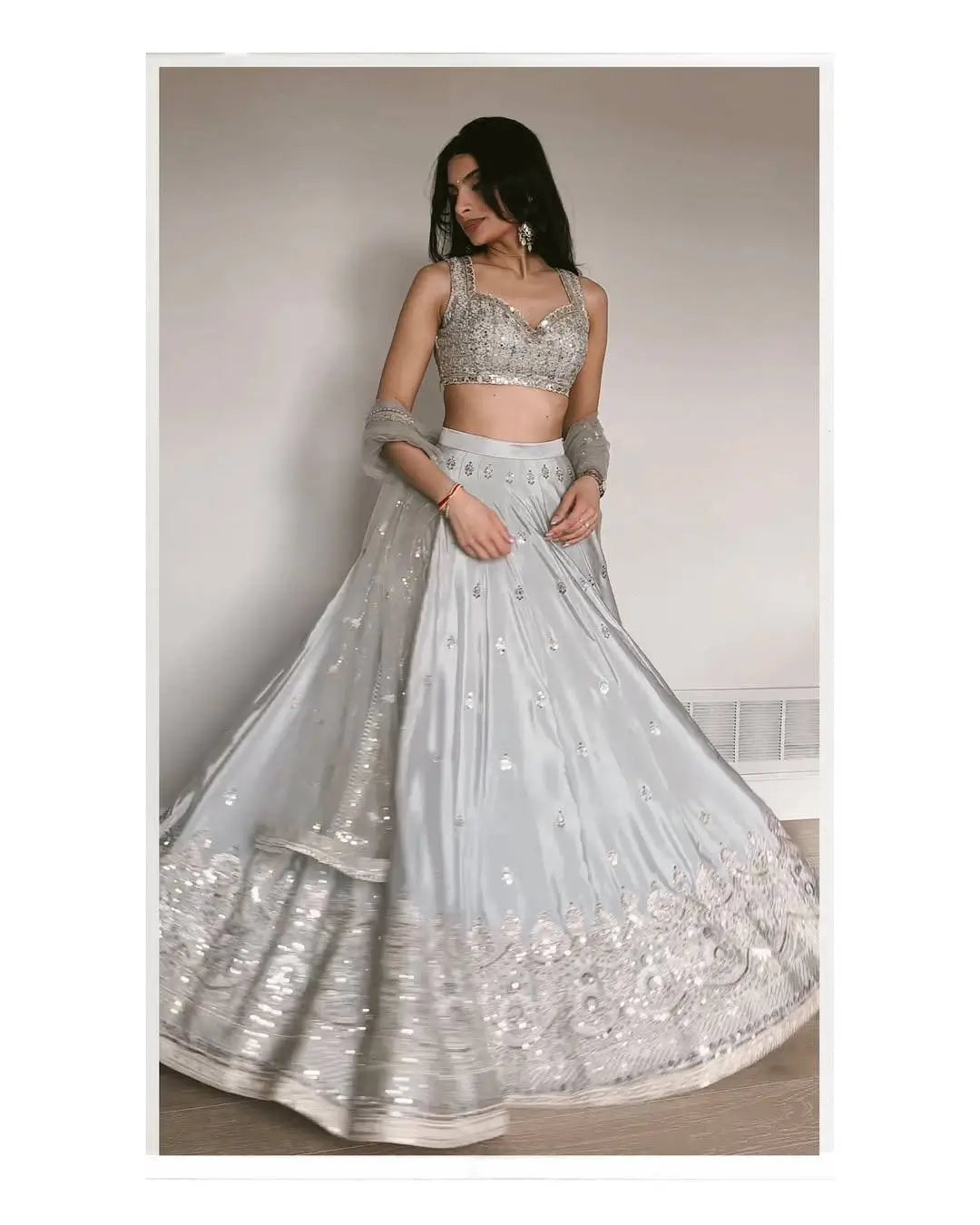 Embroidered Satin Silk Lehenga Set With Net Dupatta