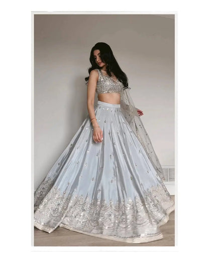 Embroidered Satin Silk Lehenga Set With Net Dupatta