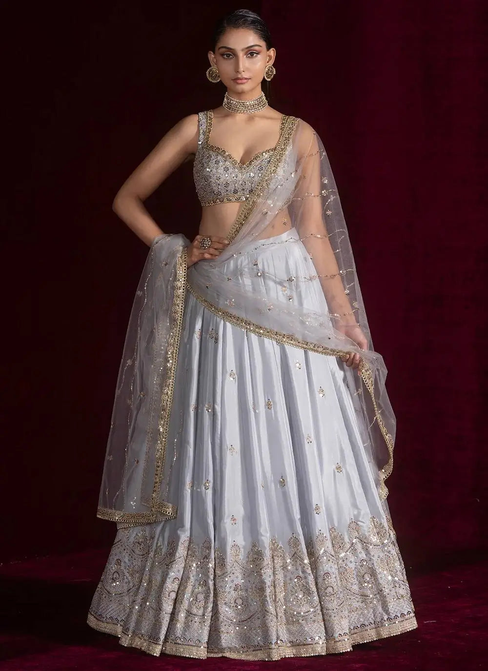 Embroidered Satin Silk Lehenga Set With Net Dupatta