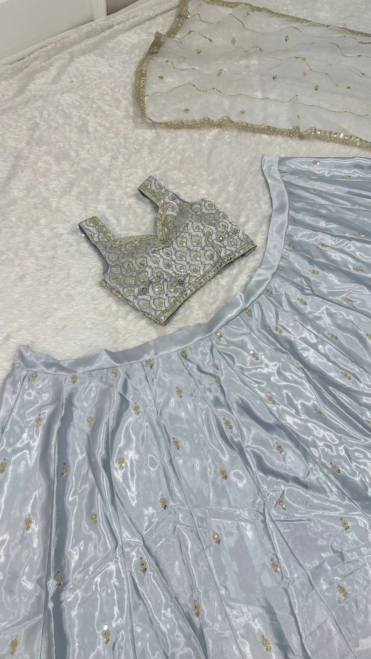 Embroidered Satin Silk Lehenga Set With Net Dupatta