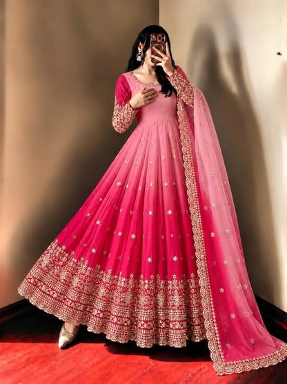 Olive Ombre Georgette Anarkali with Dupatta