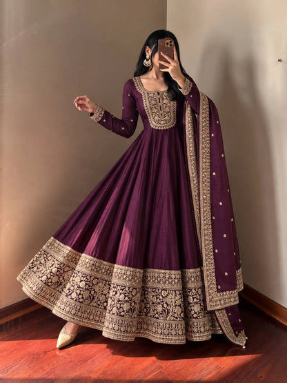 Roman Silk Anarkali Gown with Embroidered Hem