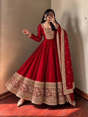 Roman Silk Anarkali Gown with Embroidered Hem