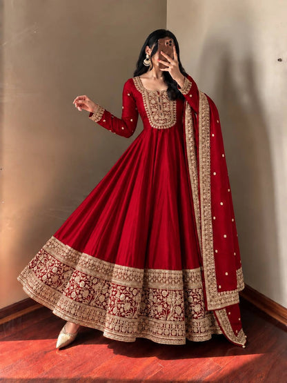 Roman Silk Anarkali Gown with Embroidered Hem