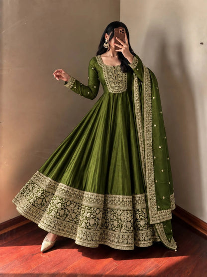 Roman Silk Anarkali Gown with Embroidered Hem