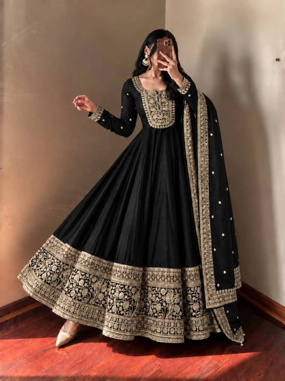 Roman Silk Anarkali Gown with Embroidered Hem