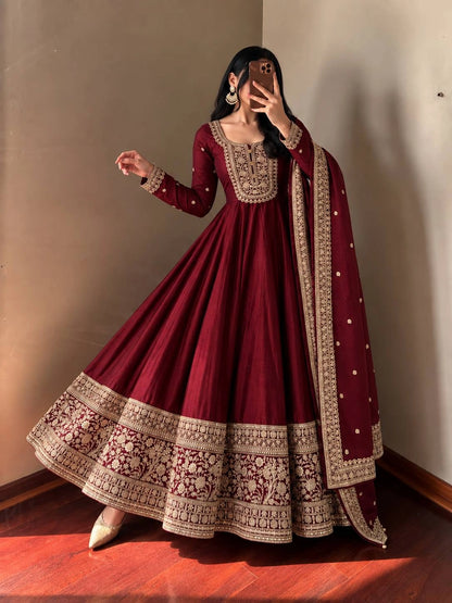 Roman Silk Anarkali Gown with Embroidered Hem