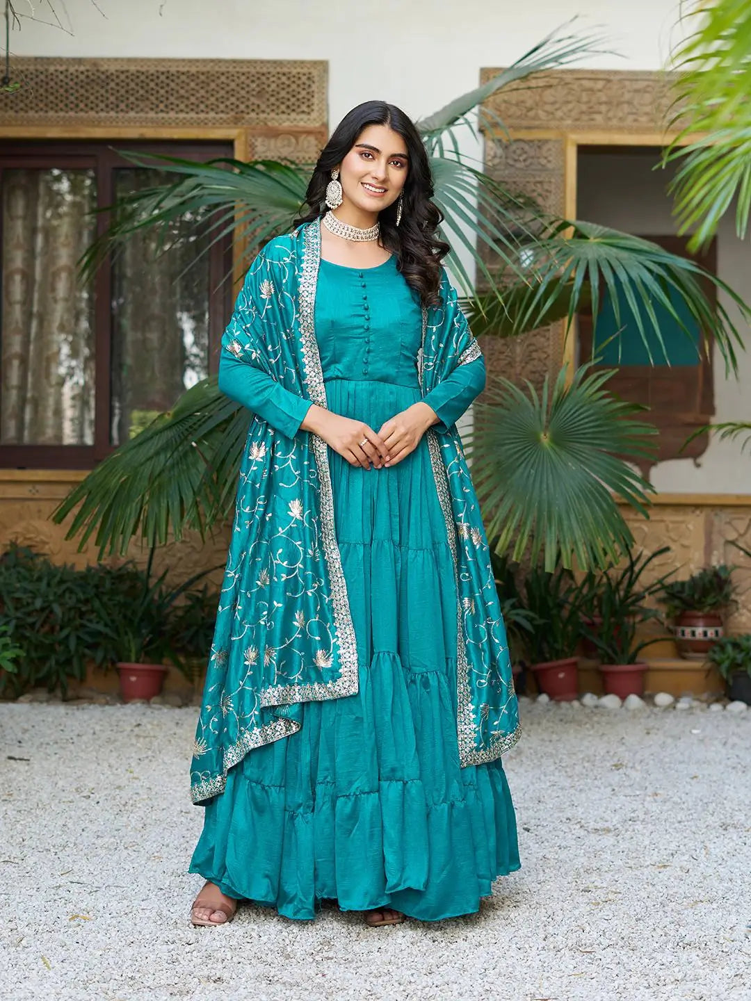Embroidered Vichitra Silk Flair Gown Set