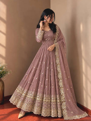 Mauve Crinkle Shimmer Anarkali Gown Set