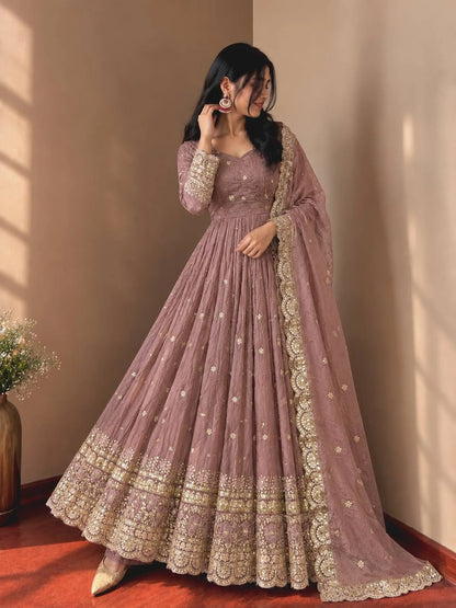 Mauve Crinkle Shimmer Anarkali Gown Set