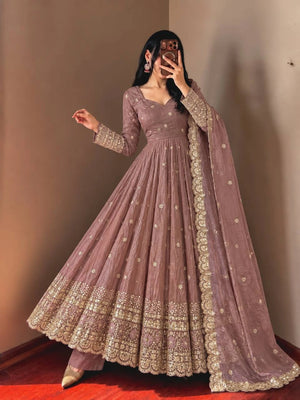 Mauve Crinkle Shimmer Anarkali Gown Set