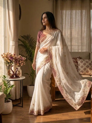 Ivory Applique Scallop Saree