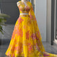 Yellow & Teal Floral Organza Lehenga with Batwa
