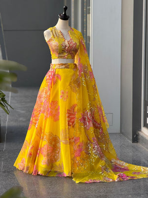 Yellow & Teal Floral Organza Lehenga with Batwa