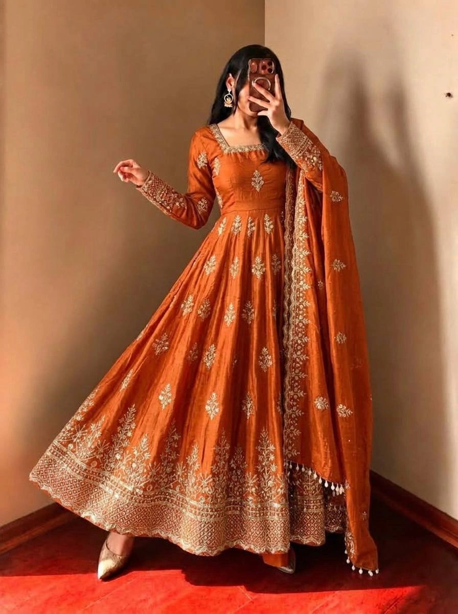 Sage Green Shimmer Silk Anarkali Gown Set