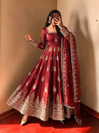 Sage Green Shimmer Silk Anarkali Gown Set
