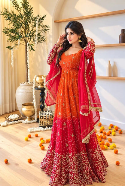 Red Ombre Bandhani Print Anarkali Suit Set