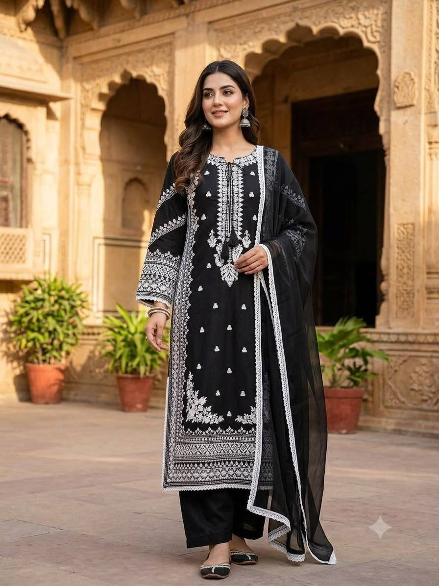 Black White Embroidered Kurta Set