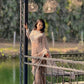 Mocha Pearl Work Net Saree with Blouse Piece