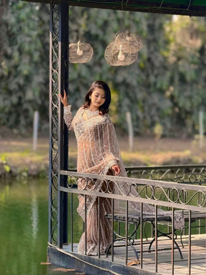Mocha Pearl Work Net Saree with Blouse Piece