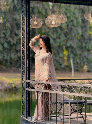 Mocha Pearl Work Net Saree with Blouse Piece