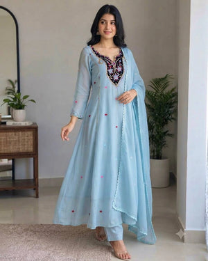 Powder Blue Chanderi Kurta Set with Dupatta