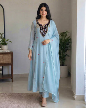 Powder Blue Chanderi Kurta Set with Dupatta