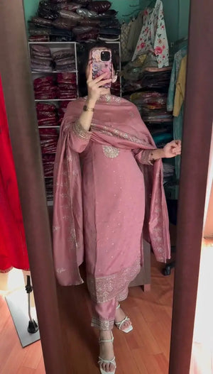 Embroidered Chinnon Silk Suit Set with Dupatta