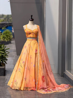 Peach Floral Organza Lehenga