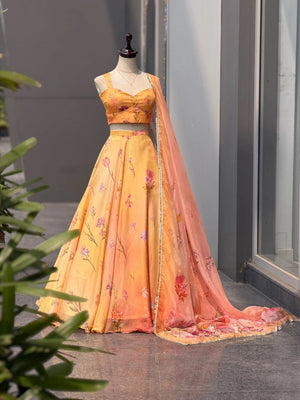 Peach Floral Organza Lehenga