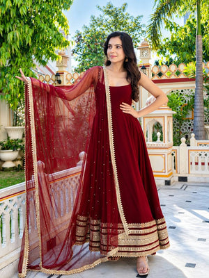 Maroon Sleeveless Anarkali Gown with Dupatta