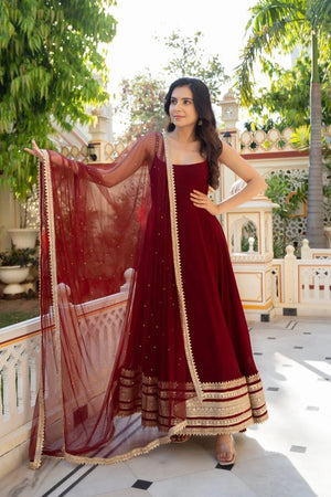 Maroon Sleeveless Anarkali Gown with Dupatta