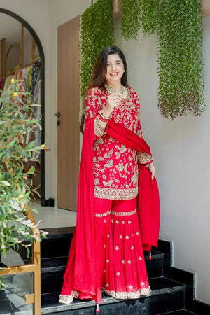Embroidered Faux Georgette Plazzo Suit with Dupatta