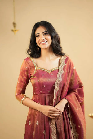 Rust Cosmo Embroidered Anarkali Gown Set with Dupatta