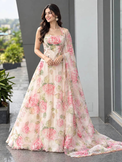 Rose Print Organza Lehenga with Halter Blouse