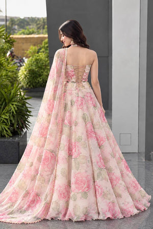 Rose Print Organza Lehenga with Halter Blouse