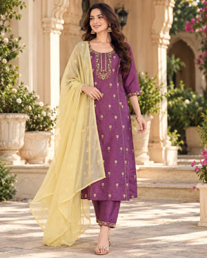 Embroidered Silk Kurta Palazzo Set with Dupatta