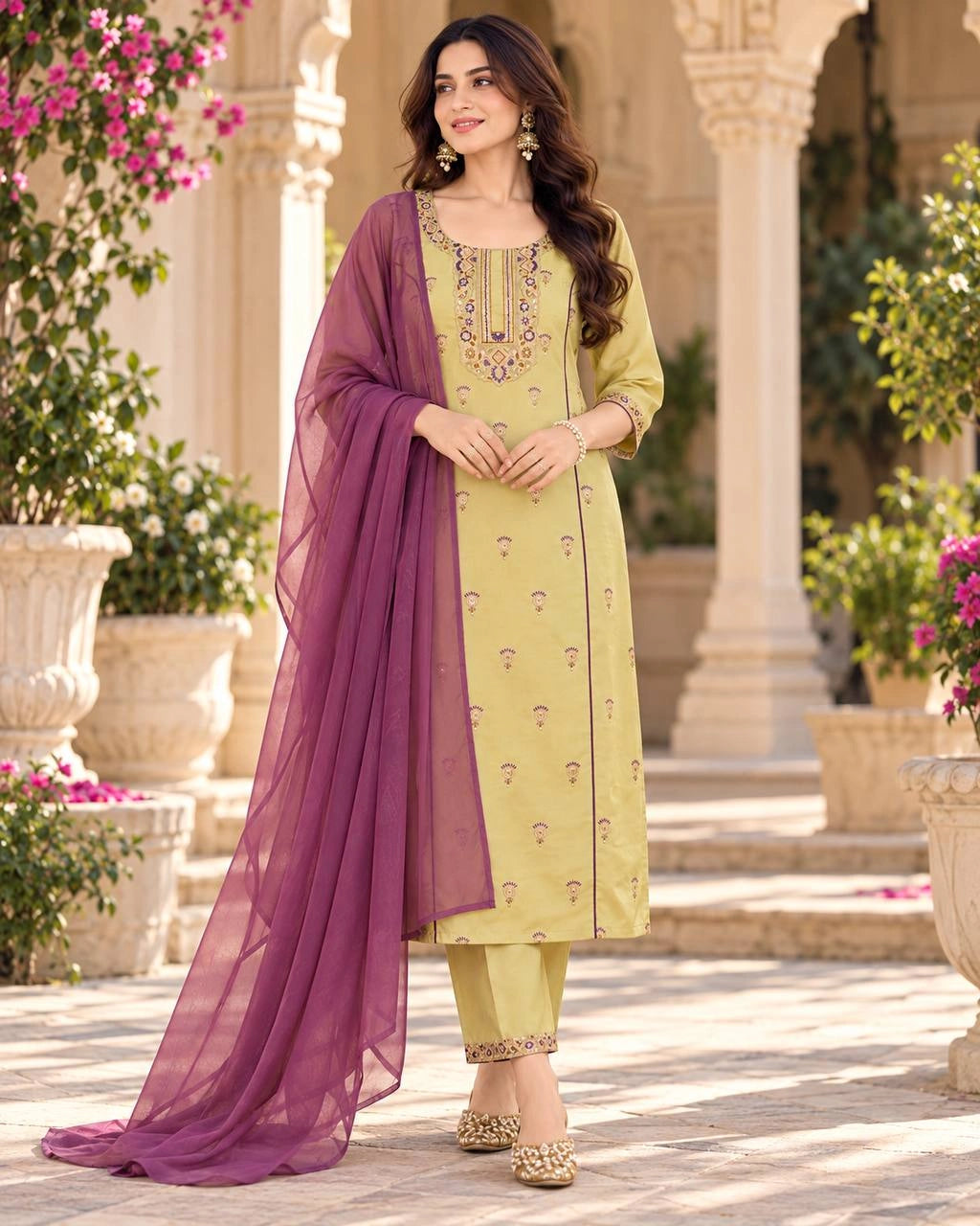 Embroidered Silk Kurta Palazzo Set with Dupatta