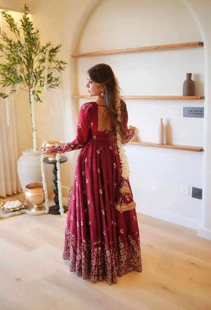 Red Crinkle Silk Anarkali with Stone Work
