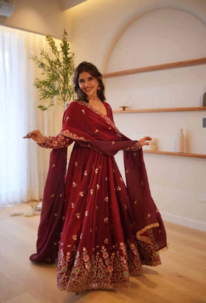 Red Crinkle Silk Anarkali with Stone Work