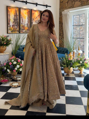 Mocha Sequin Flair Anarkali Set
