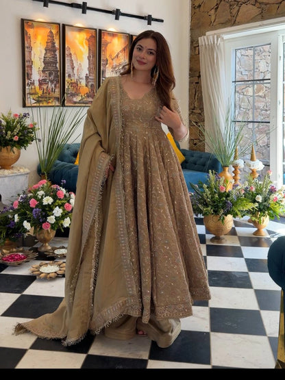 Mocha Sequin Flair Anarkali Set