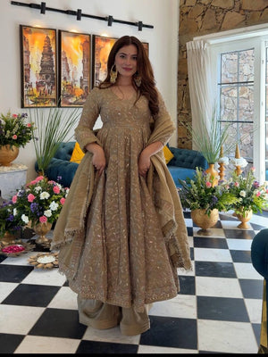 Mocha Sequin Flair Anarkali Set
