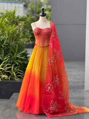 Orange Ombre Organza Corset Lehenga